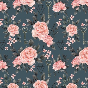 Vintage Gothic Floral, Gothic Pink Roses on Blue 12 inch