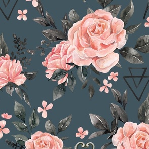 Vintage Gothic Floral, Gothic Pink Roses on Blue 24 inch