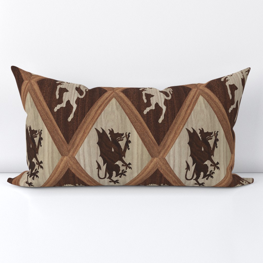 Library Wallpaper: Faux Bois Unicorns and Dragons