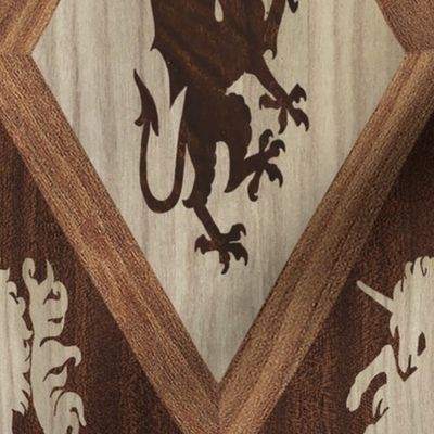 Library Wallpaper: Faux Bois Unicorns and Dragons