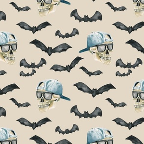 Spooky Bro Watercolor Halloween Skull and Bats on Taupe 12 inch