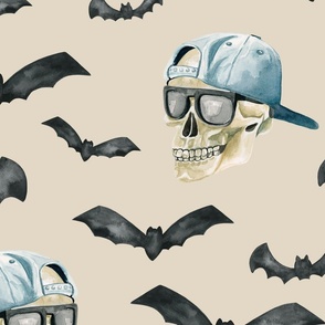 Spooky Bro Watercolor Halloween Skull and Bats on Taupe 24 inch