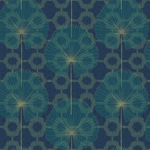 Chinoiserie A with Fan Palm -sage on dark teal (large scale)