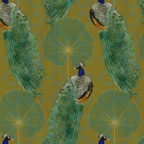 Chinoiserie Peacock with Fan Palm - on green gold (large scale)