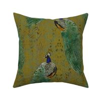 Chinoiserie Peacock Vintage -sage on green gold (large scale)