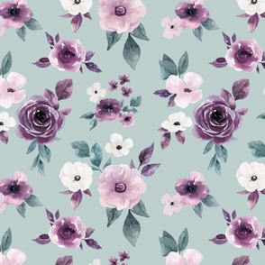 Sugar Plum Watercolor Floral on Blue 12 inch