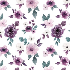 Sugar Plum Watercolor Floral on White 12 inch