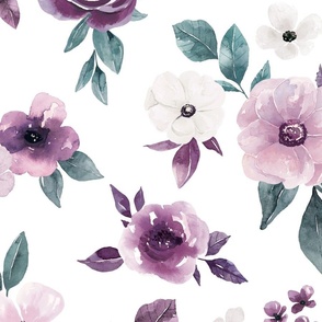 Sugar Plum Watercolor Floral on White 24 inch