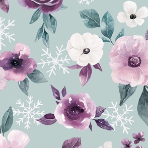Sugar Plum Watercolor Winter Floral on Blue 24 inch