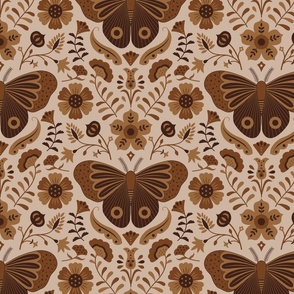 Moth and Floral in Earth Tones – brown, beige, neutral Medium Scale