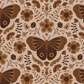 Moth and Floral in Earth Tones – brown, beige, neutral Large Scale