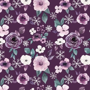 Sugar Plum Watercolor Winter Floral on Dark Purple 12 inch