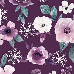 Sugar Plum Watercolor Winter Floral on Dark Purple 24 inch