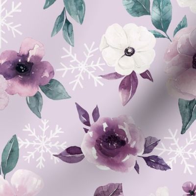 Sugar Plum Watercolor Winter Floral on Light Purple 12 inch