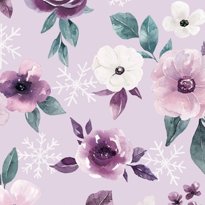 Sugar Plum Watercolor Winter Floral on Light Purple 24 inch