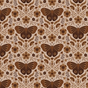 Moth and Floral in Earth Tones – brown, beige, neutral Small Scale
