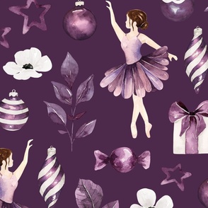 Sugar Plum Fairy Christmas Ballerina on Dark Purple 24 inch