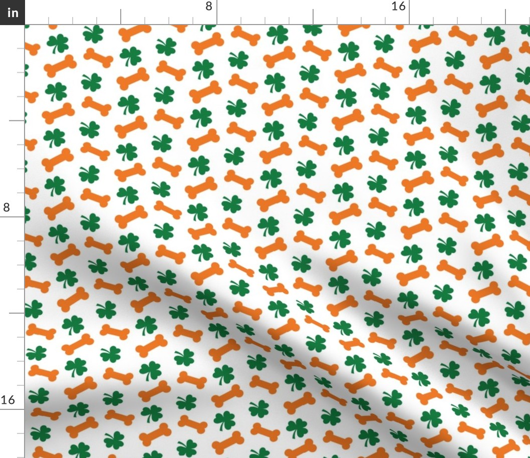 Dog Fabric, Dog St. Patrick's Day Fabric, Dog Bandana Fabric, Shamrocks and Bones, Green, Orange, White