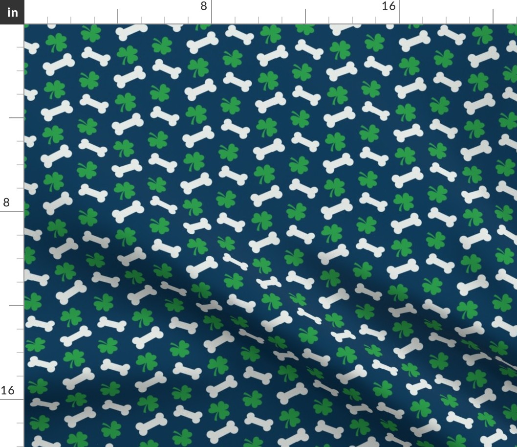 Dog Fabric, Dog St. Patrick's Day Fabric, Dog Bandana Fabric, Shamrocks and Bones, Green, Navy, White