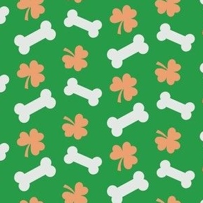 Dog Fabric, Dog St. Patrick's Day Fabric, Dog Bandana Fabric, Shamrocks and Bones, Green, Orange, White