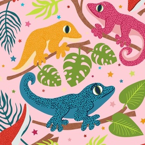 colourful geckos on a pale pink background
