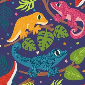 Colourful geckos on a purple background