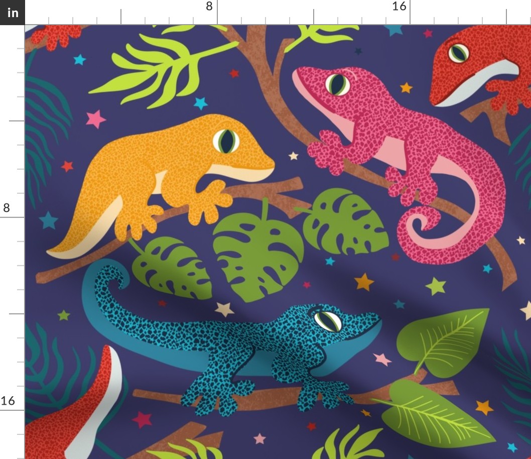 Colourful geckos on a purple background