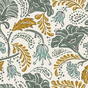 Farida - Indian Block Print Floral Ivory Sage Goldenrod Regular Scale