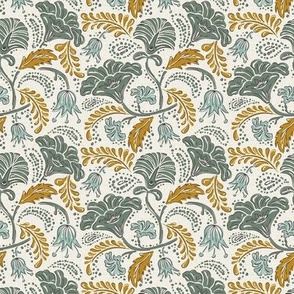 Farida - Indian Block Print Floral Ivory Sage Goldenrod Small Scale