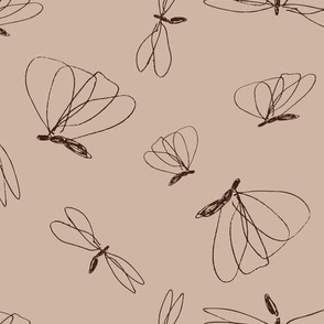 (L) 11 x 8.5 Hand-drawn flying doodle bugs, dark oak brown on sand beige
