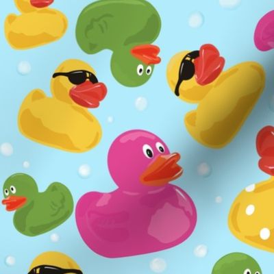 colourful rubber duckies and bubbles