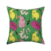 Bunnies and Flower Blossoms, Med Scale - Green, Lavender, White