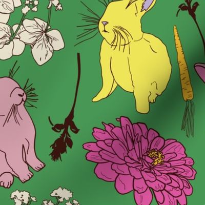 Bunnies and Flower Blossoms, Med Scale - Green, Lavender, White