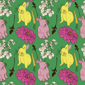 Bunnies and Flower Blossoms, Med Scale - Green, Lavender, White