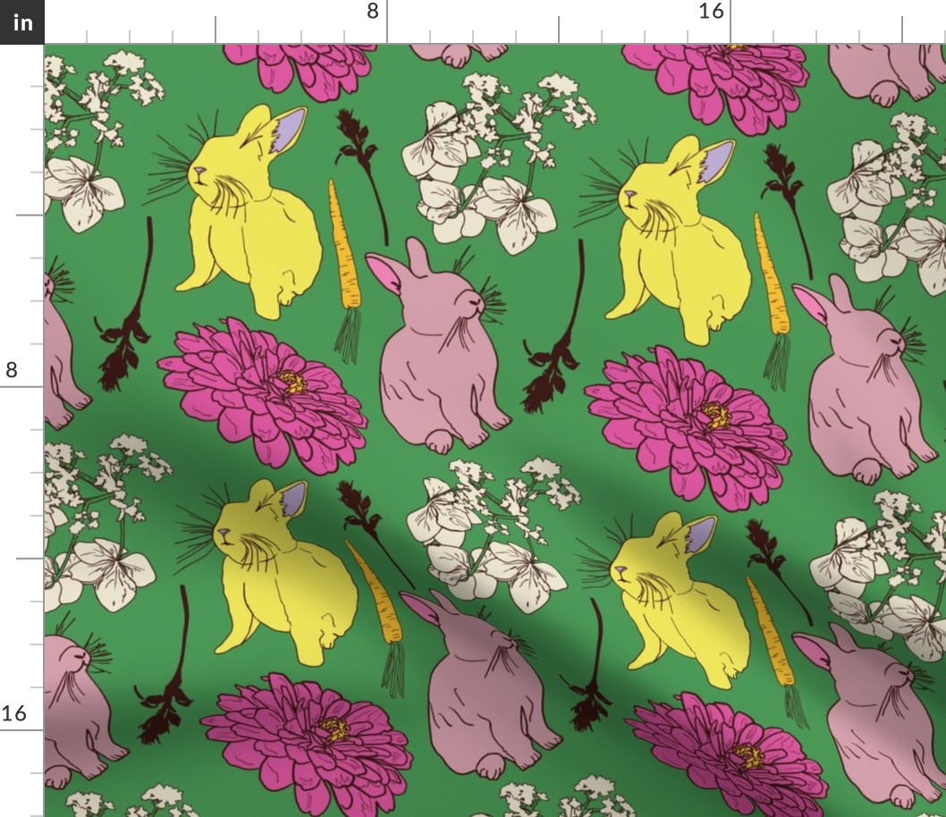 Bunnies and Flower Blossoms, Med Scale - Green, Lavender, White