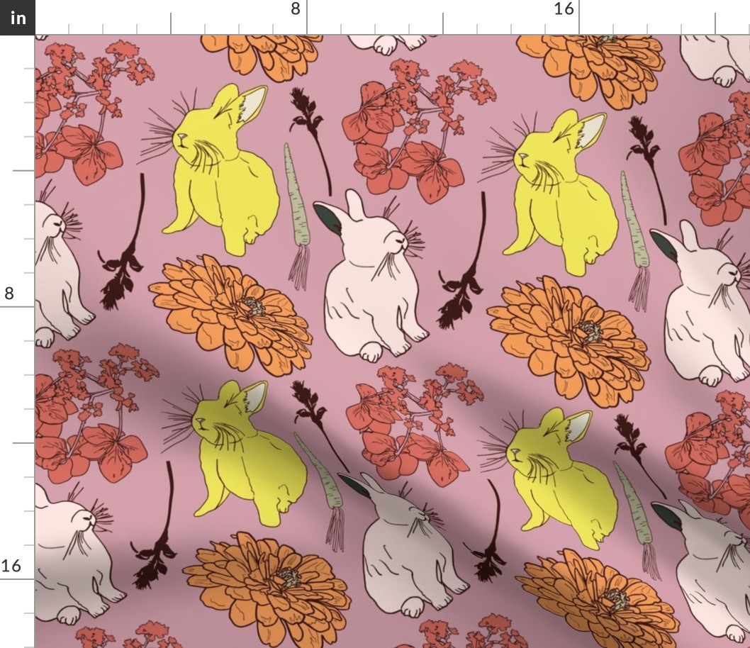 Bunnies and Flower Blossoms, Med Scale - Pink, Blush, Yellow