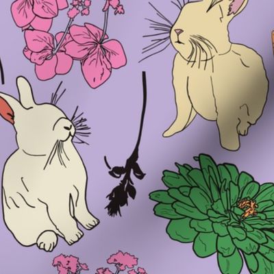 Bunnies and Flower Blossoms, Med Scale - Purple, White, Pink