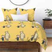 18x18 Panel Classic Winnie the Pooh and Piglet on Yellow Gold with Polkadots for DIY Throw Pillow or Lovey