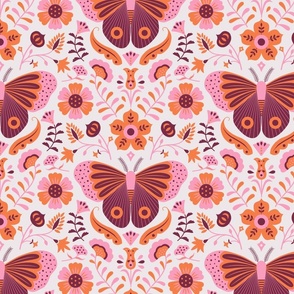 Moth and Floral in burgundy, pink and orange  Medium Scale