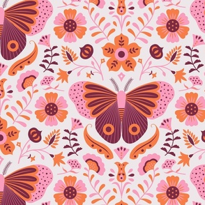  Moth and Floral in burgundy, pink and orange  Large Scale