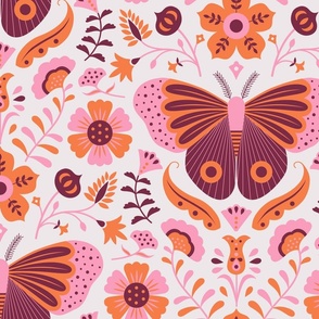 Moth and Floral in burgundy, pink and orange Extra Large Scale