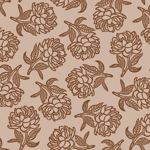 Peonies Block Print Earth Tones Sand and Saddle - Large Scale