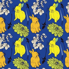 Bunnies and Flower Blossoms, Med Scale - Cobalt Blue, Lime Green, Yellow