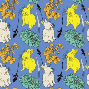 Bunnies and Flower Blossoms, Med Scale - Cornflower Blue, Yellow, White