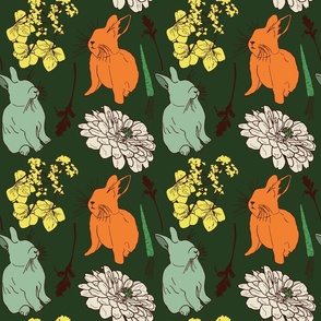 Bunnies and Flower Blossoms, Med Scale - Emerald, Mint Green, Orange