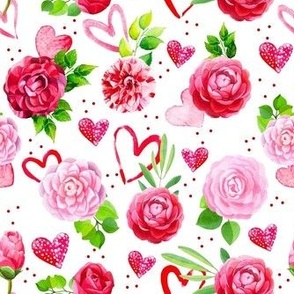 Medium Scale Valentine Hearts and Roses on White