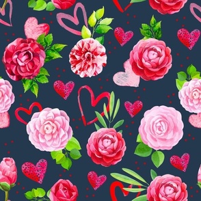 Large Scale Valentine Hearts and Rose Flowers on Navy