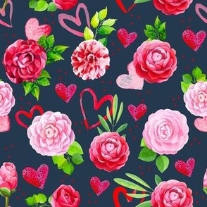Medium Scale Valentine Hearts and Rose Flowers on Navy