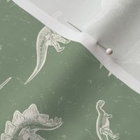 Small Excavated Jurassic Dinosaur Fossils with a Distressed Textured background in Sage Green