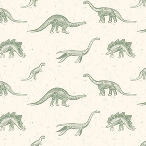 Small Excavated Jurassic Dinosaur Fossils in Sage Green  with a Distressed Textured background in Seashell Cream Background